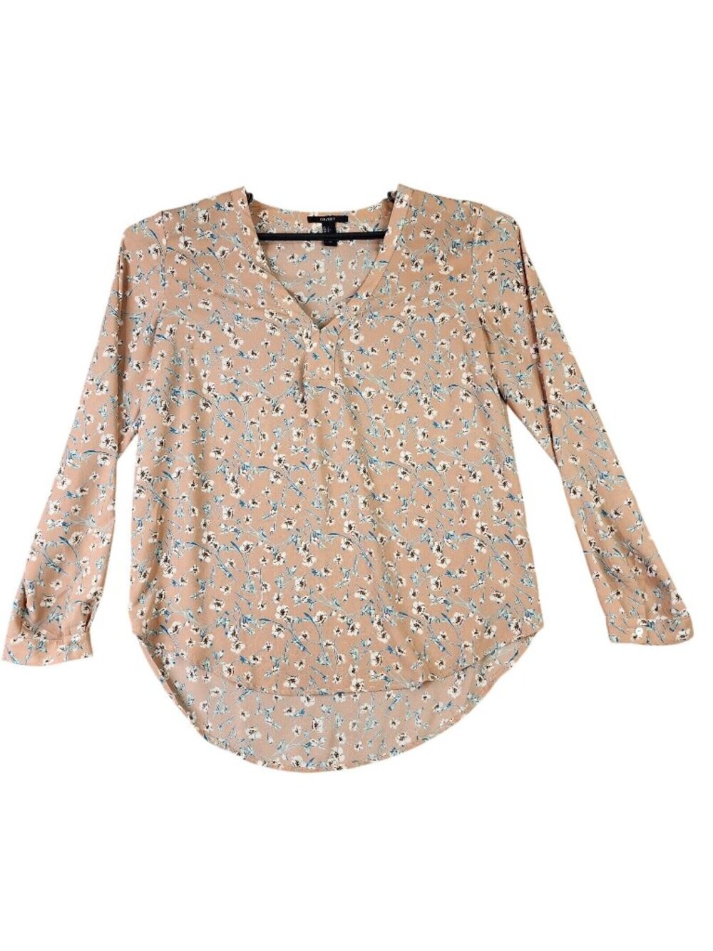 Womens Forever 21 Beige Silky V-Neck Floral Blouse Long Sleeve Polyester Size L